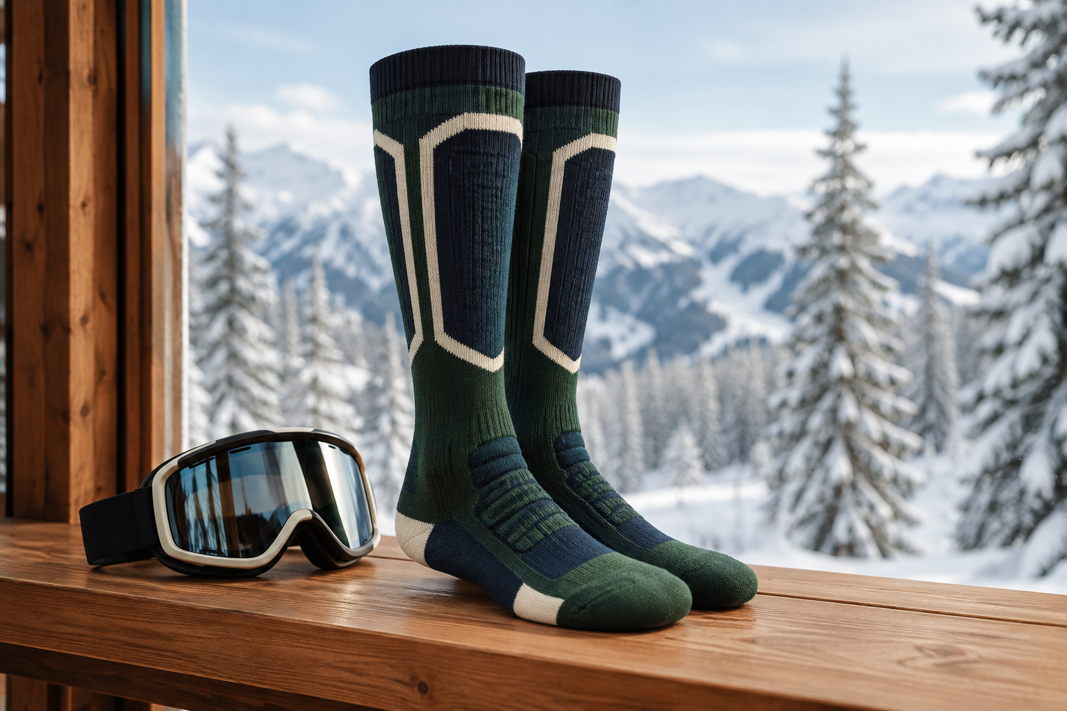 Illustrative ski sock pair in a winter-sports setting