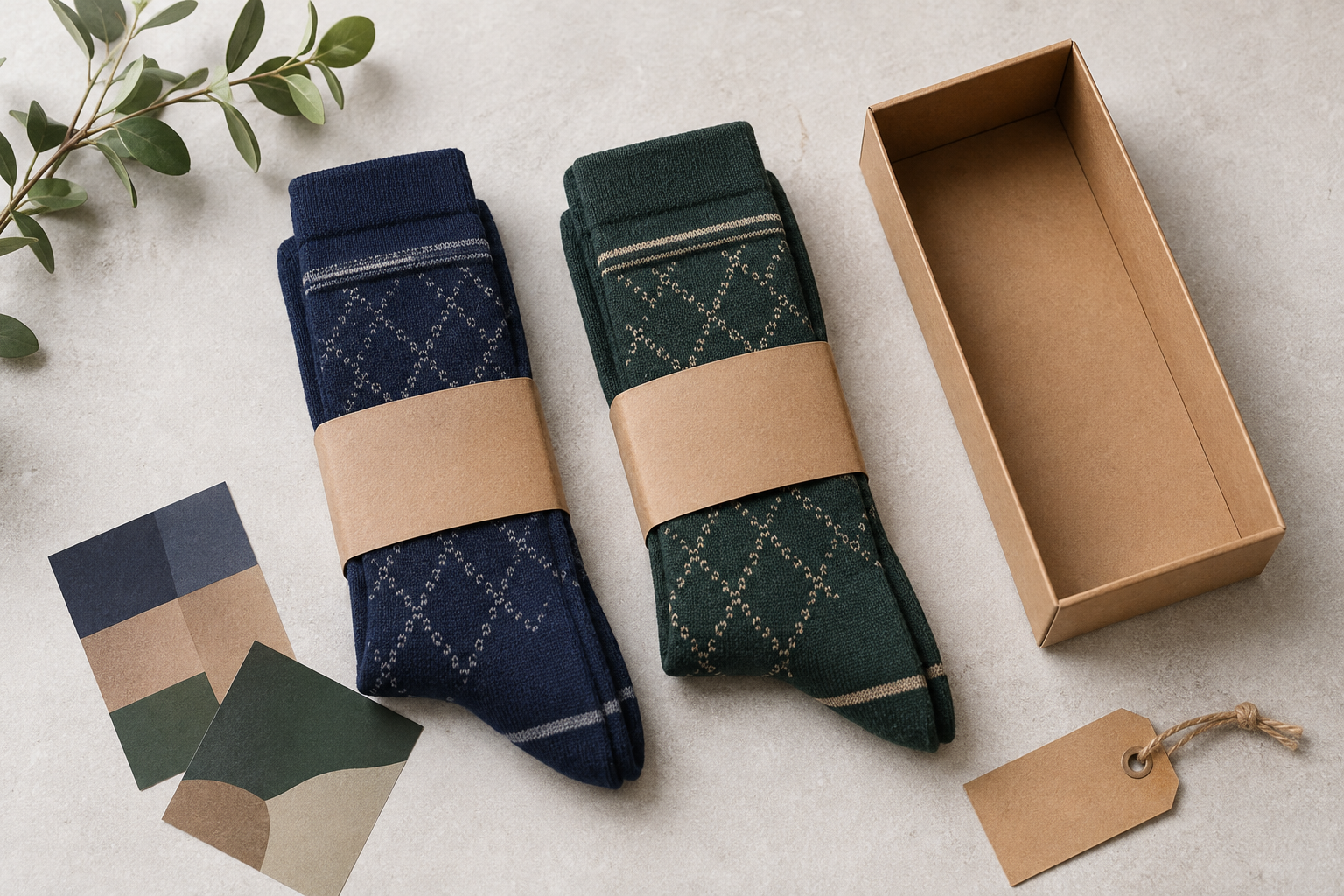 Illustrative patterned riding socks and blank packaging