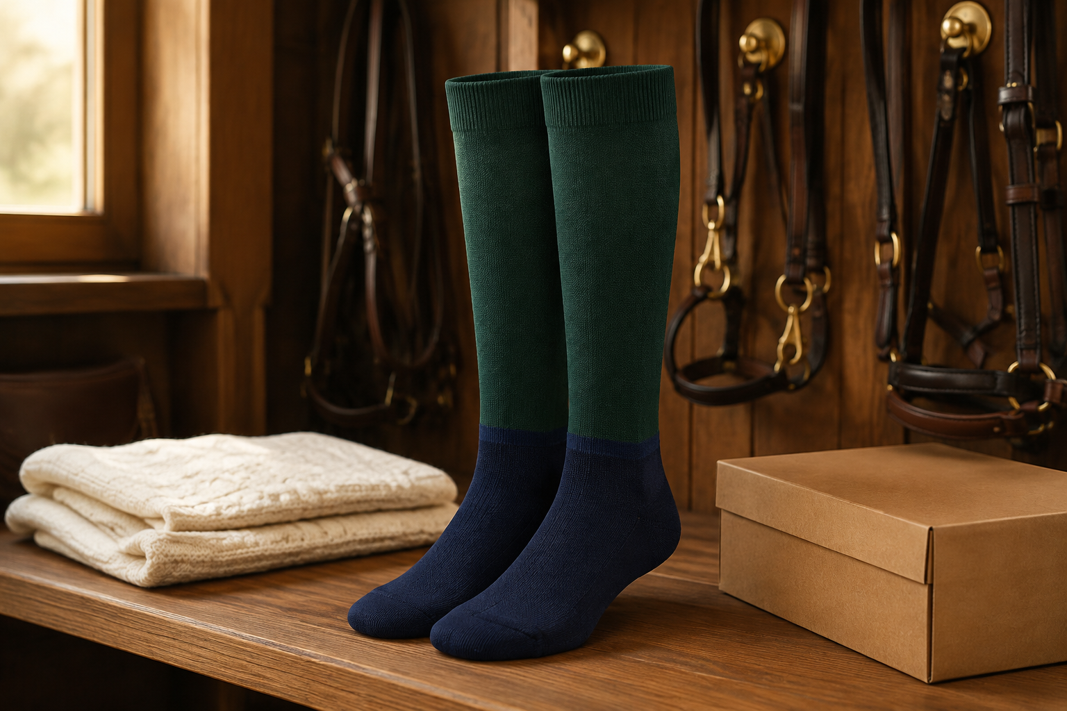 Illustrative finished riding sock pair in a tack-room setting