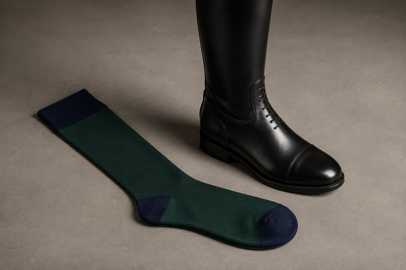 Illustrative riding sock beside an unbranded tall boot
