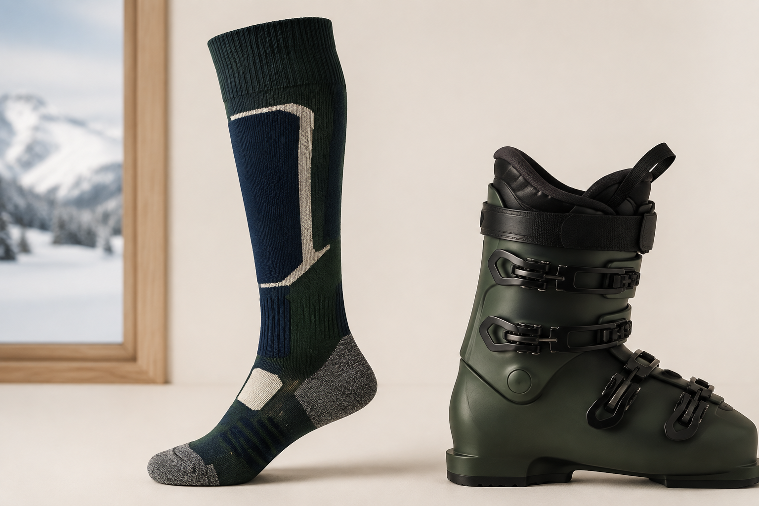 Illustrative ski sock height beside an unbranded ski boot
