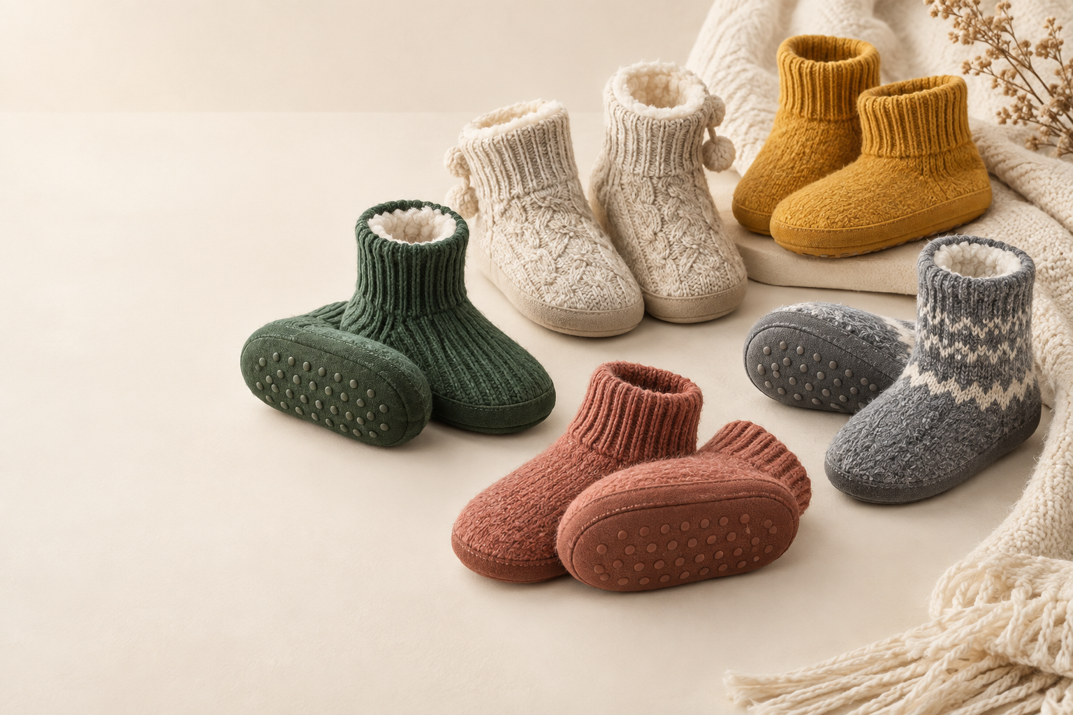 Illustrative custom kids slipper sock range with visible sole-grip patterns