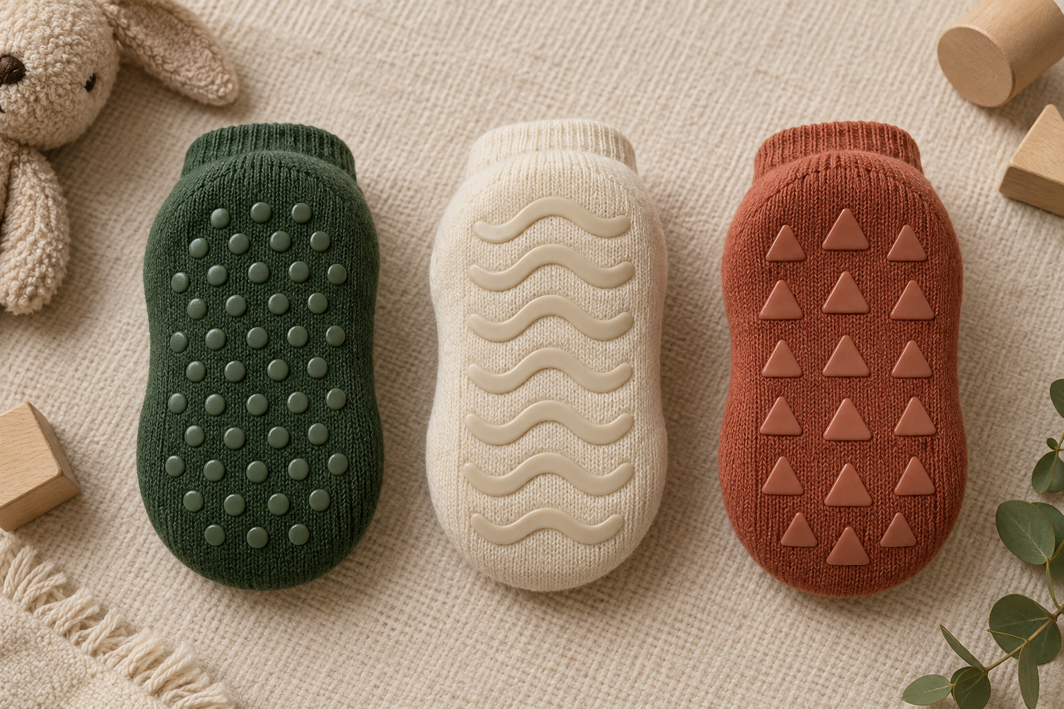 Illustrative kids slipper sock dot bar and geometric sole-grip directions
