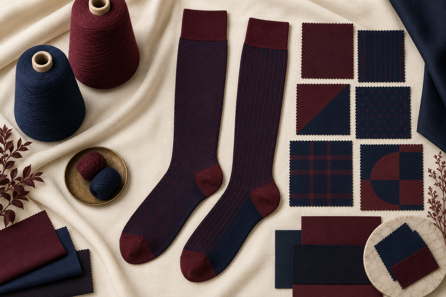 Illustrative pattern & colour registration for over-the-calf dress socks