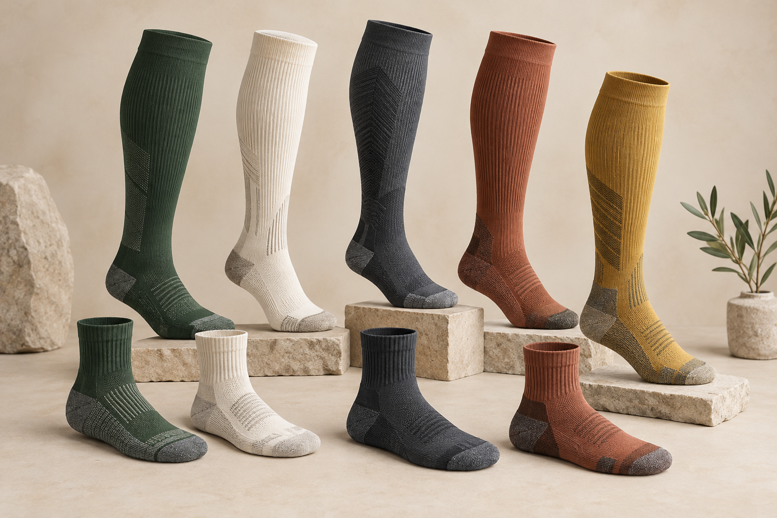 Illustrative knee-high over-calf and selected crew sports compression sock directions