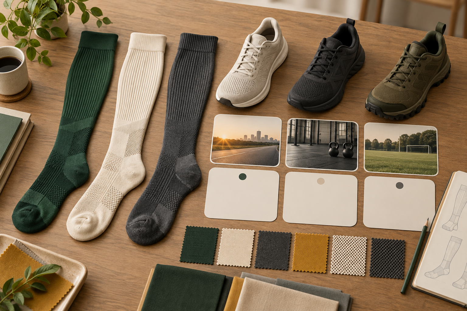 Illustrative activity and footwear brief for sports compression socks
