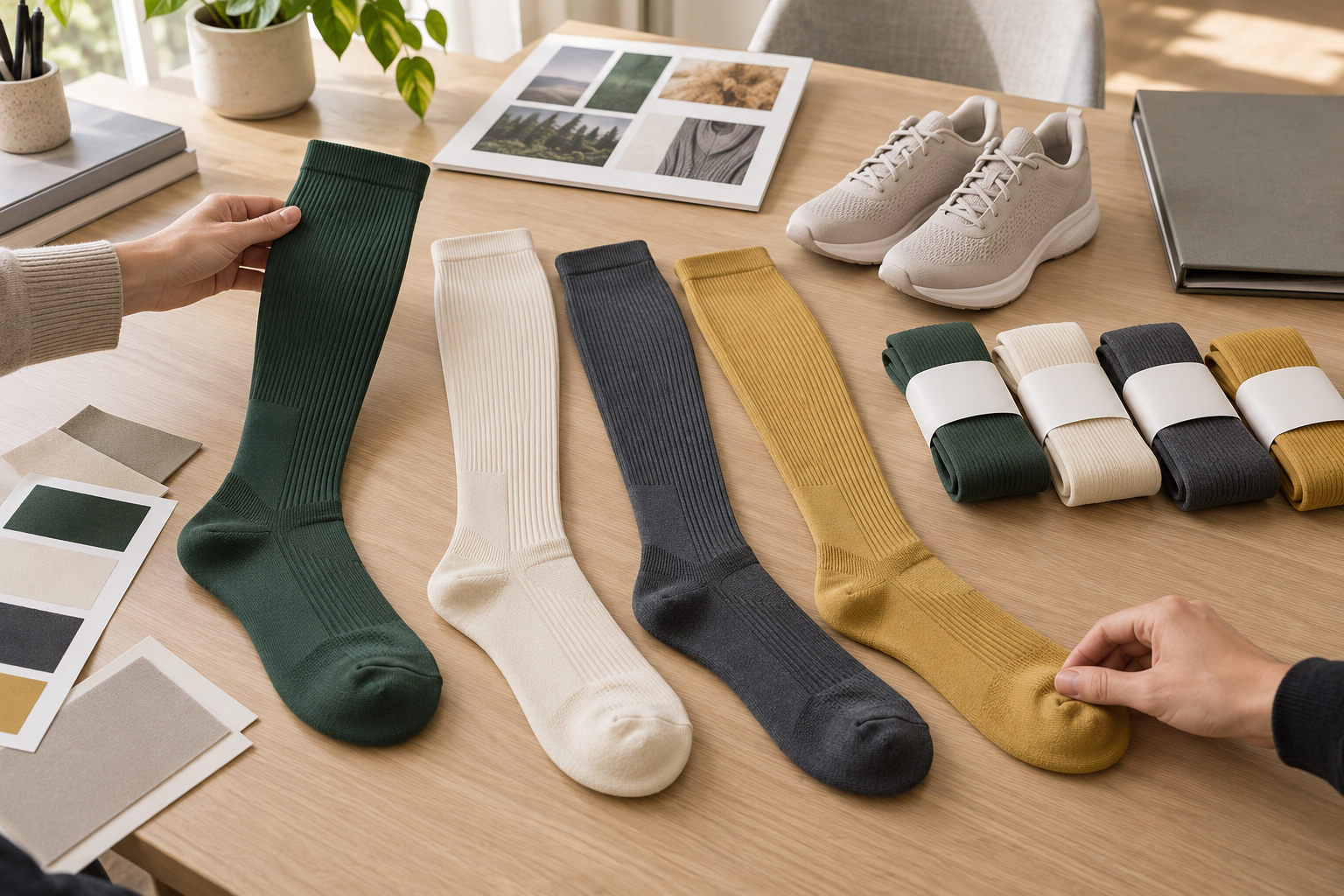Illustrative running brand reviewing a sports compression sock range