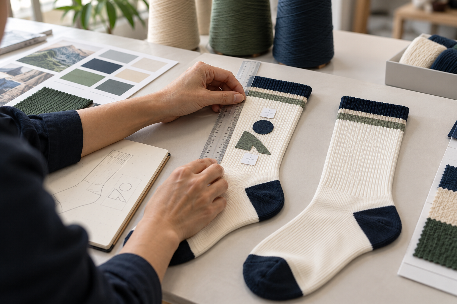 Designer reviewing custom sock logo placement with a ruler on an unbranded athletic sock sample