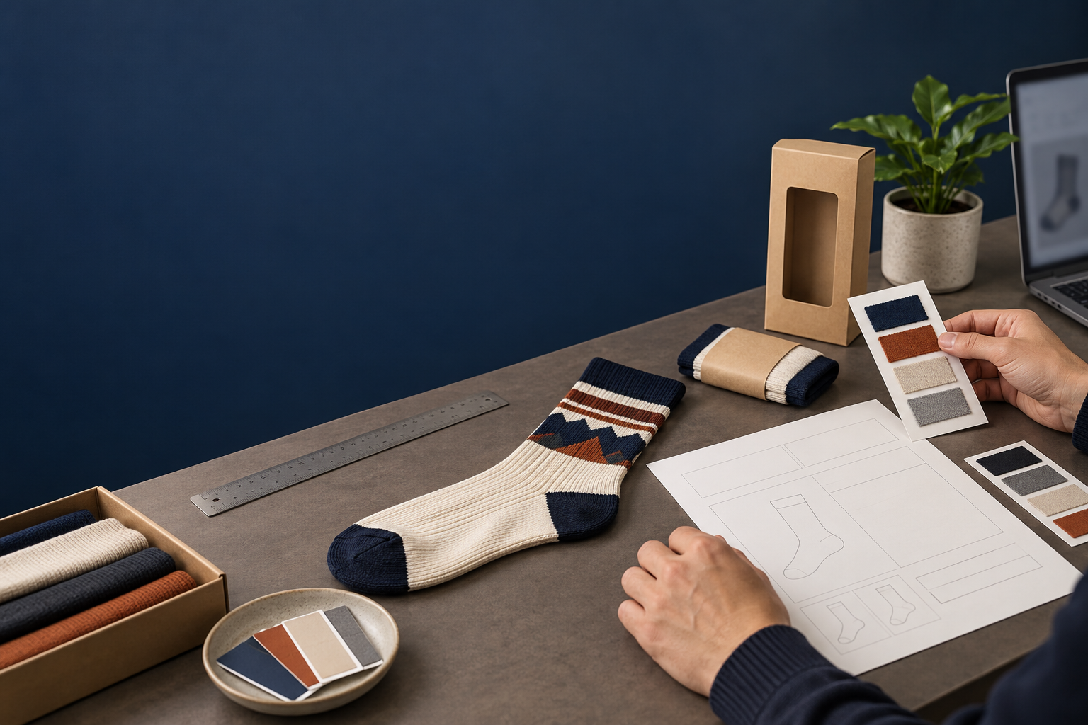 Buyer arranging blank specification sheets, color swatches, packaging and a custom sock for a factory quotation request.